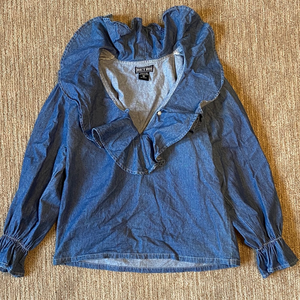 Vintage Blue Denim Ruffle Top with cuffed sleeves